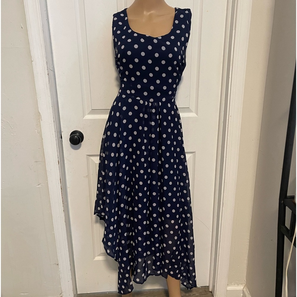 Jennifer Lauren navy blue polka dot handkerchief hem dress size L tie at waist - Picture 5 of 11